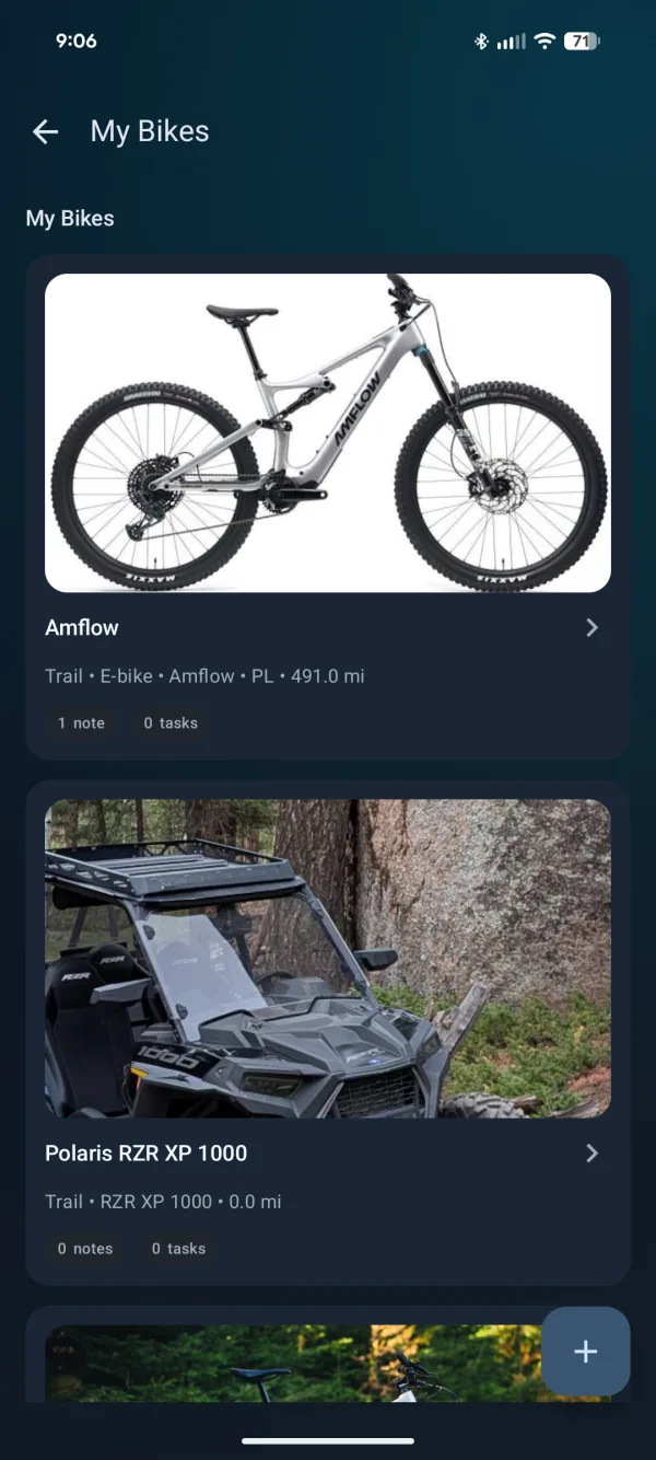 My Bikes garage with an Amflow e-bike and a Polaris RZR XP 1000