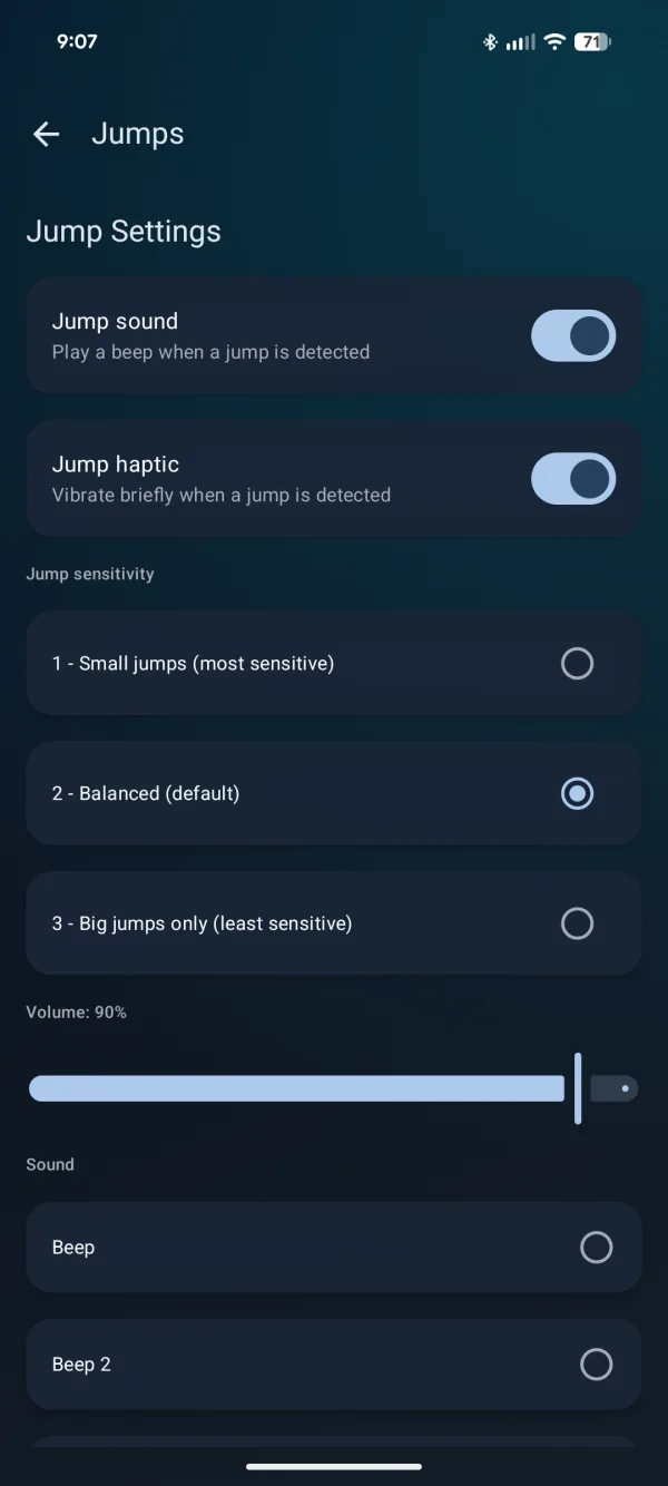 Jump settings: jump sound and haptic toggles, sensitivity levels, volume
