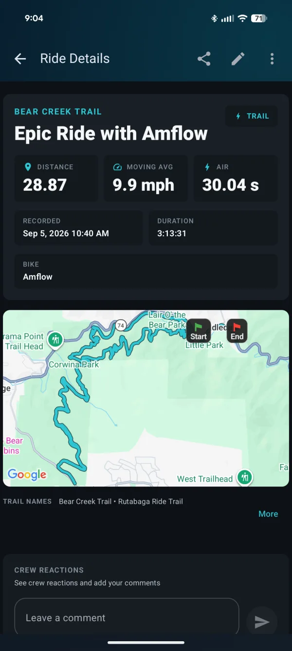 Ride details: Epic Ride with Amflow, 28.87 miles, 9.9 mph moving average, 30.04 seconds air, with route map
