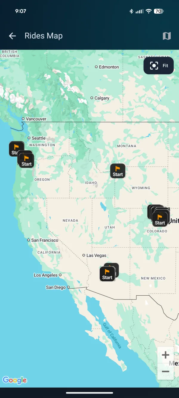 Rides map showing ride start markers across Washington, Idaho, Colorado, and Arizona